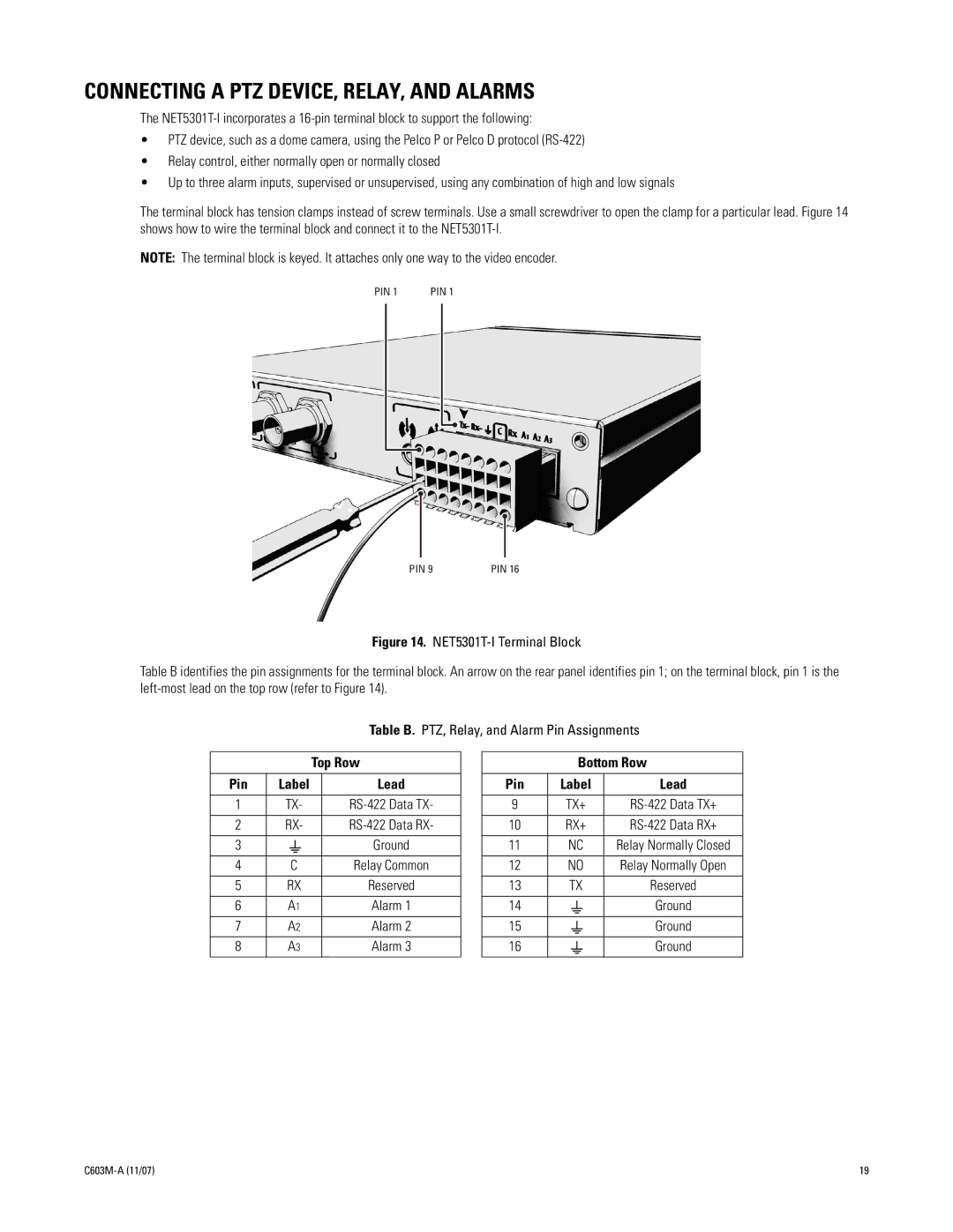 Pelco C603M-A (11/07) manual Connecting a PTZ DEVICE, RELAY, and Alarms, Top Row, Bottom Row Pin Label Lead 