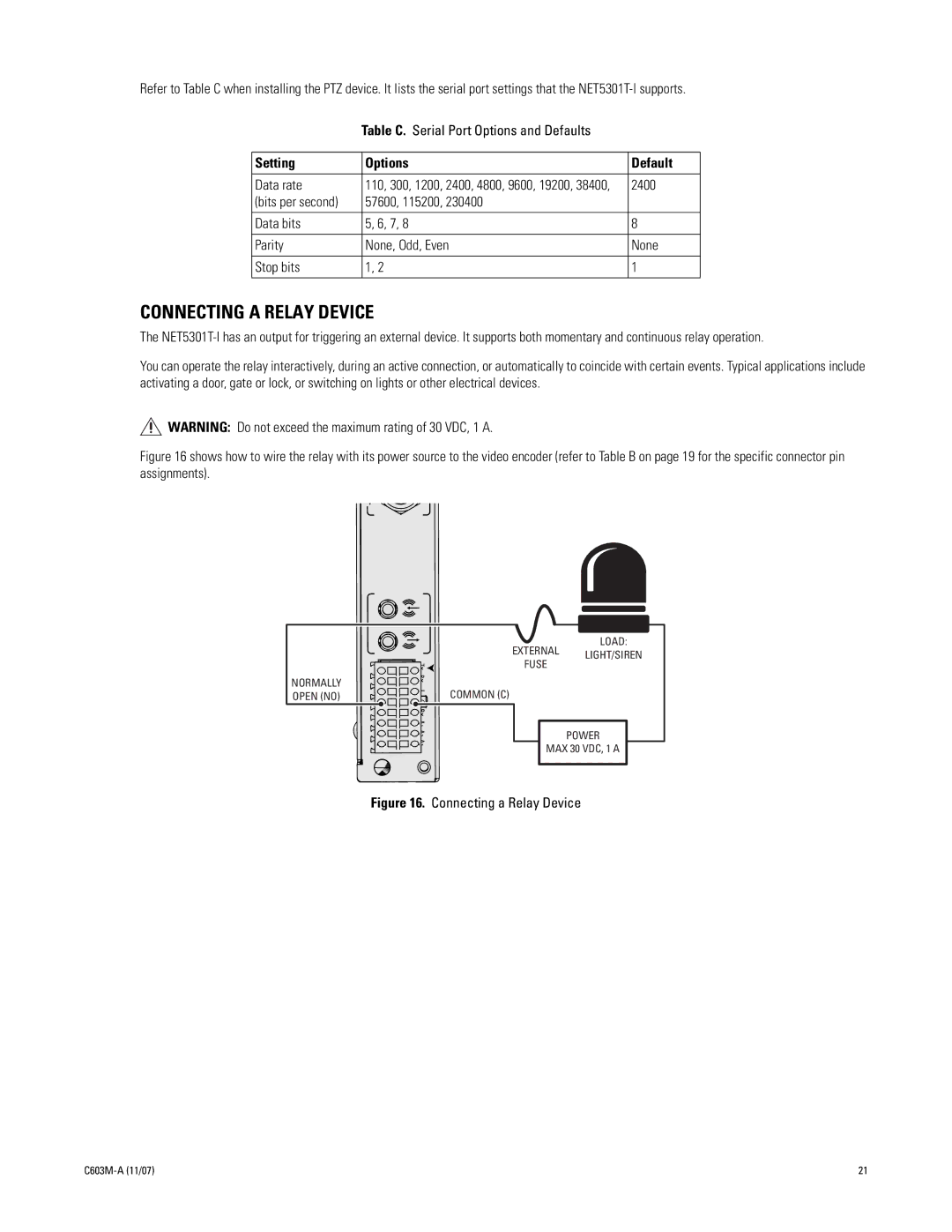 Pelco C603M-A (11/07) manual Connecting a Relay Device, Setting Options Default 