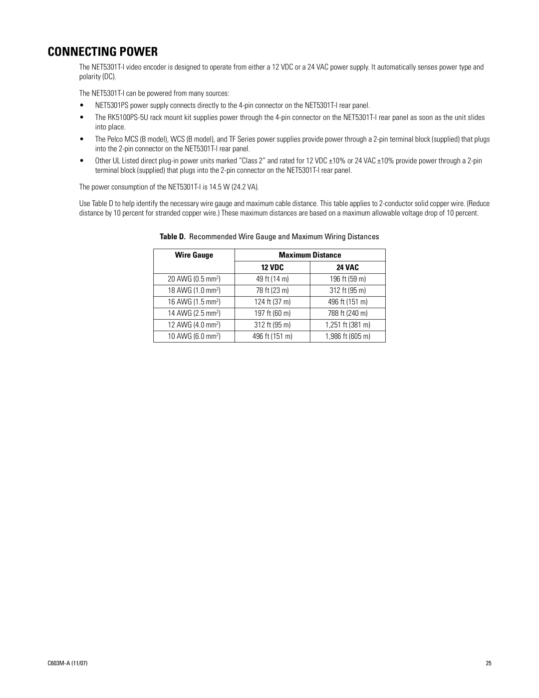 Pelco C603M-A (11/07) manual Connecting Power, Wire Gauge Maximum Distance 