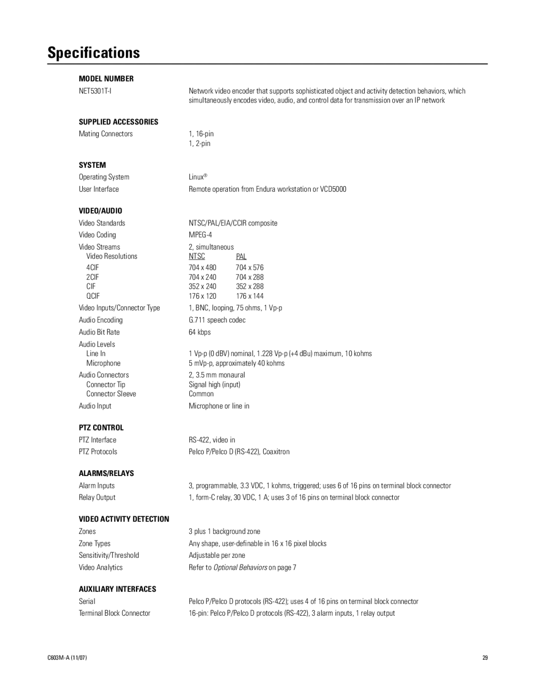 Pelco C603M-A (11/07) manual Specifications, Model Number 