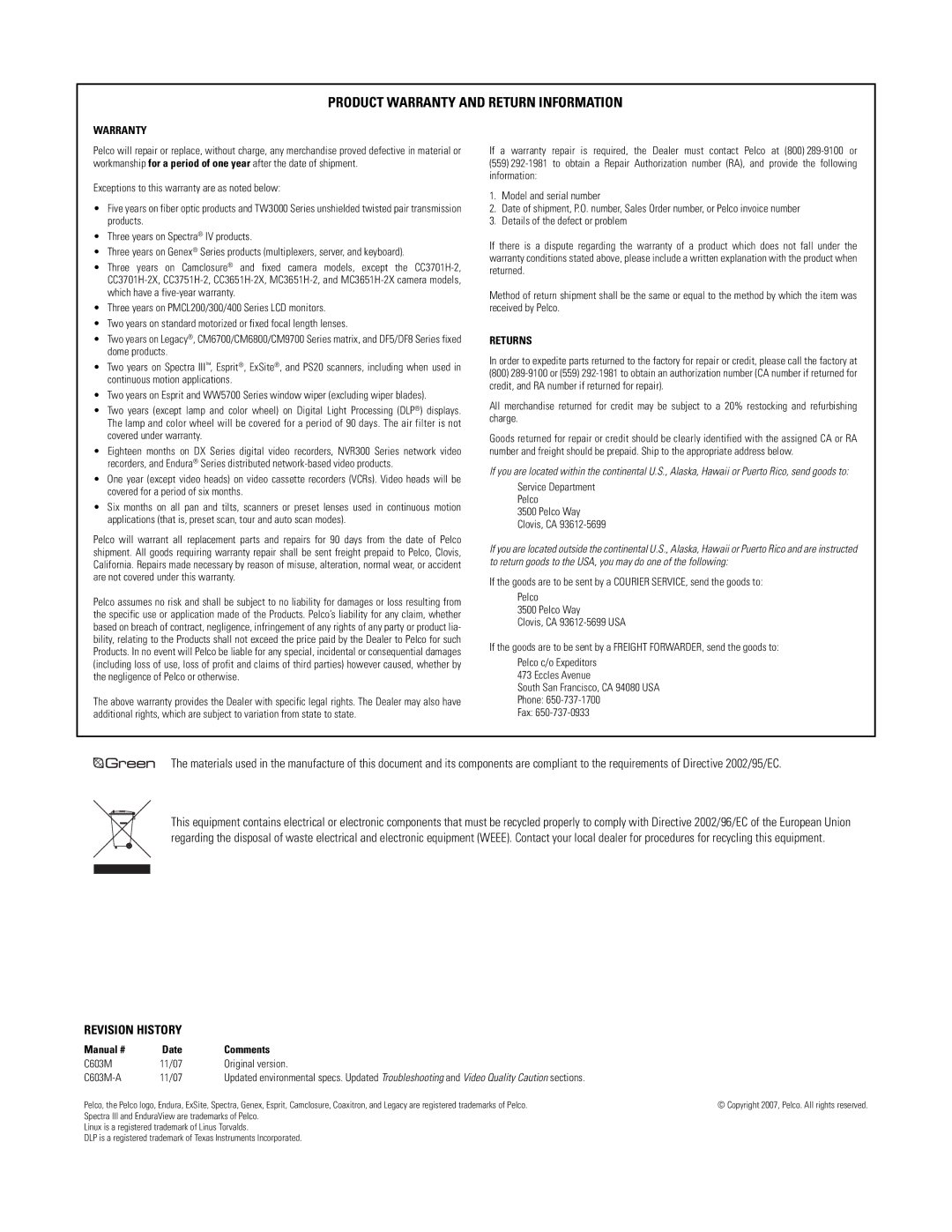 Pelco C603M-A (11/07) manual Product Warranty and Return Information 