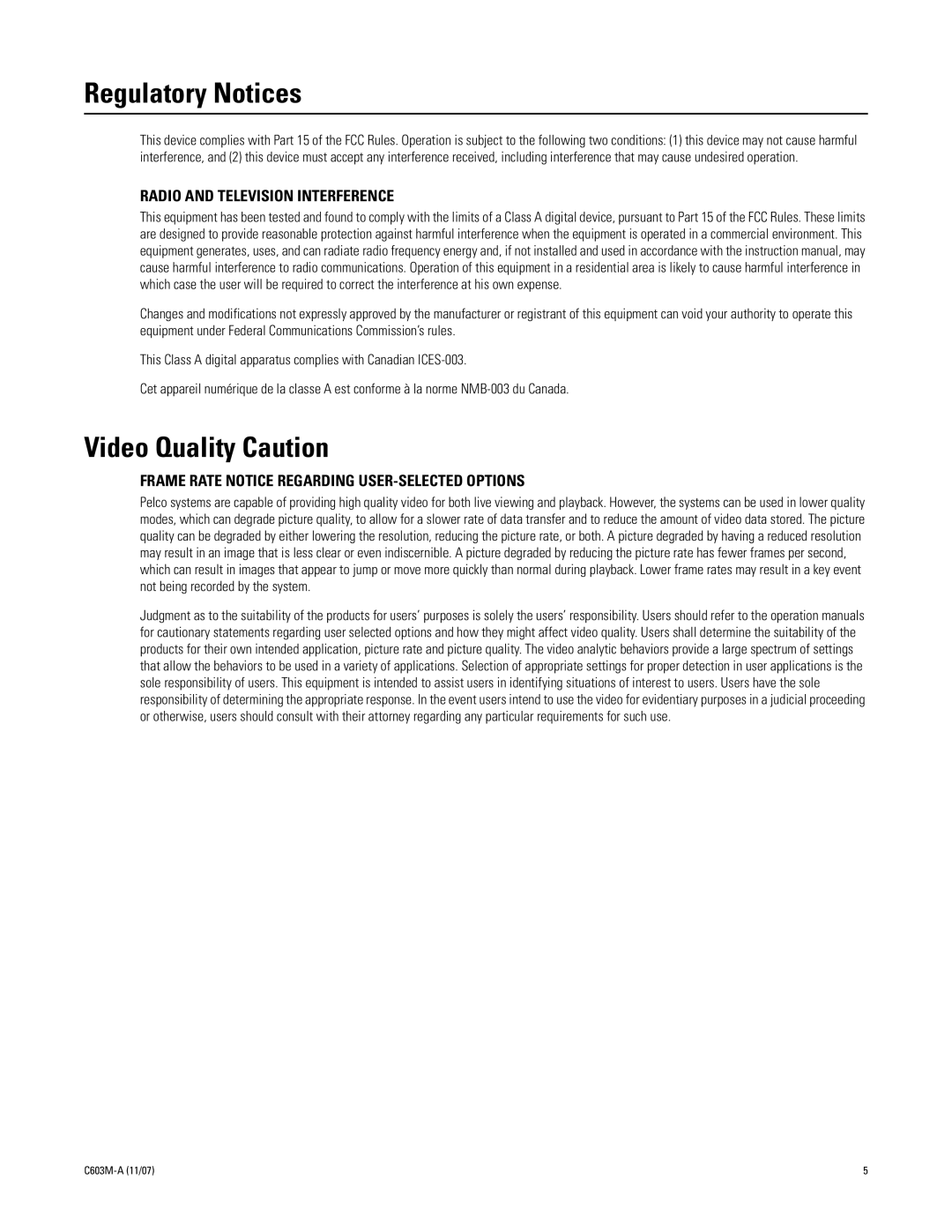 Pelco C603M-A (11/07) manual Regulatory Notices, Video Quality Caution 