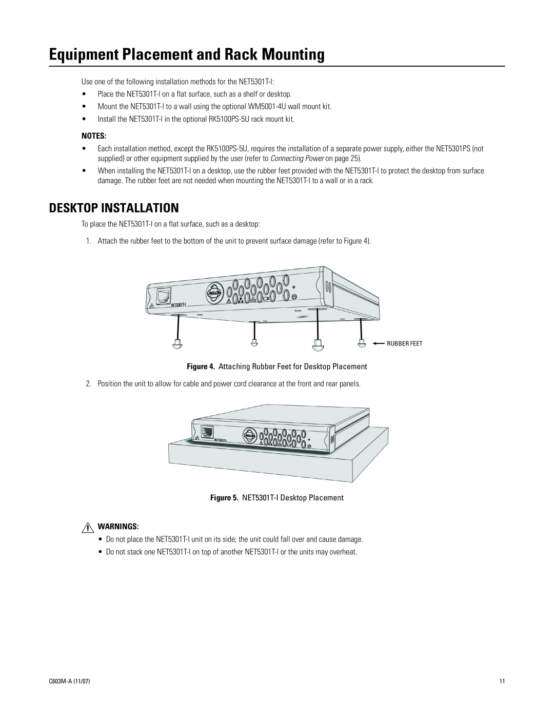 Pelco C603M-A (11/07) manual Equipment Placement and Rack Mounting, Desktop Installation, Warnings 