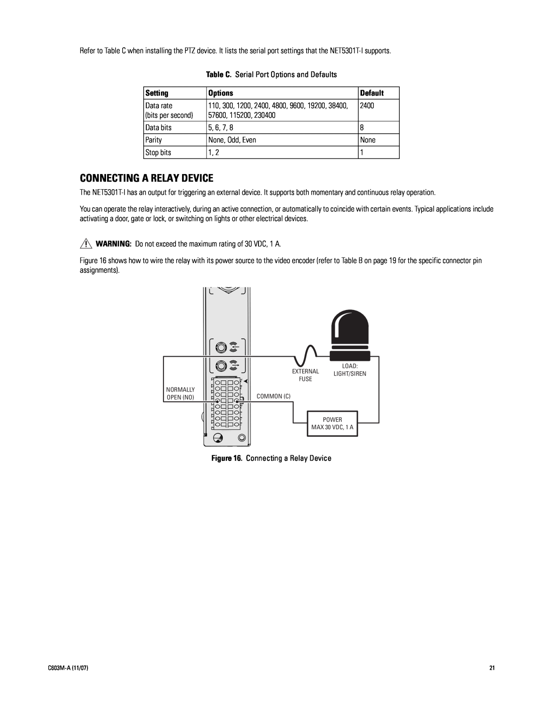 Pelco C603M-A (11/07) manual Connecting A Relay Device, Setting, Options, Default 