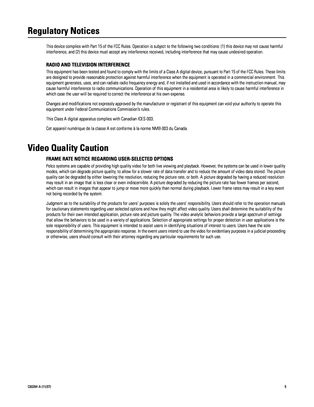 Pelco C603M-A (11/07) manual Regulatory Notices, Video Quality Caution, Radio And Television Interference 