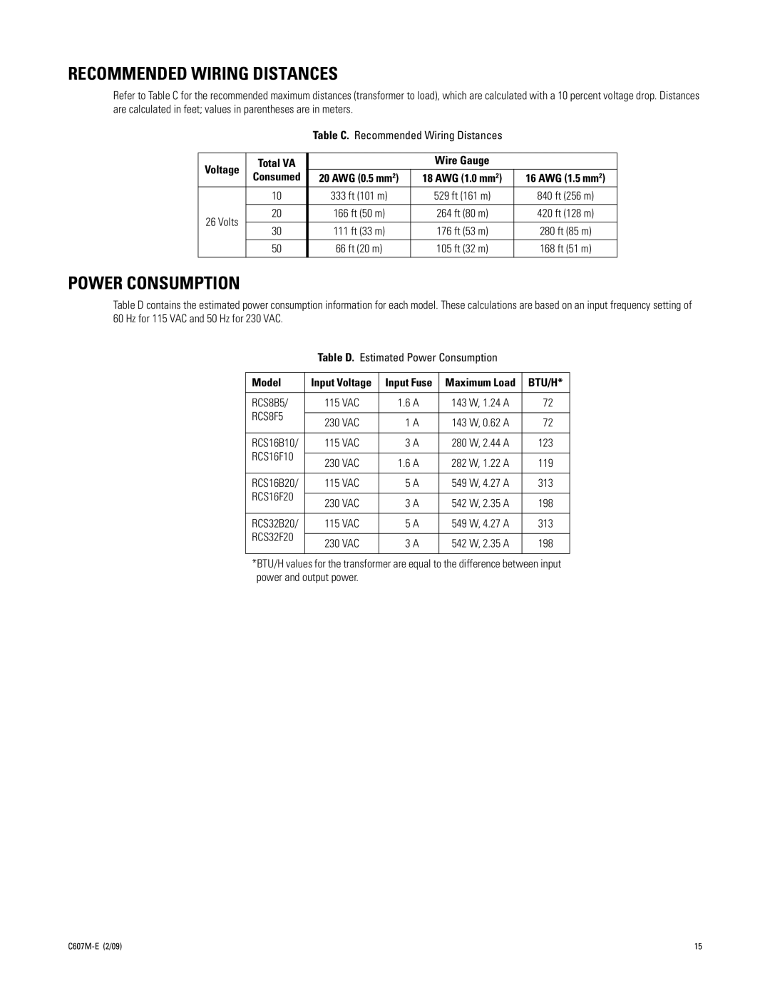 Pelco C607M-E manual Recommended Wiring Distances, Power Consumption 