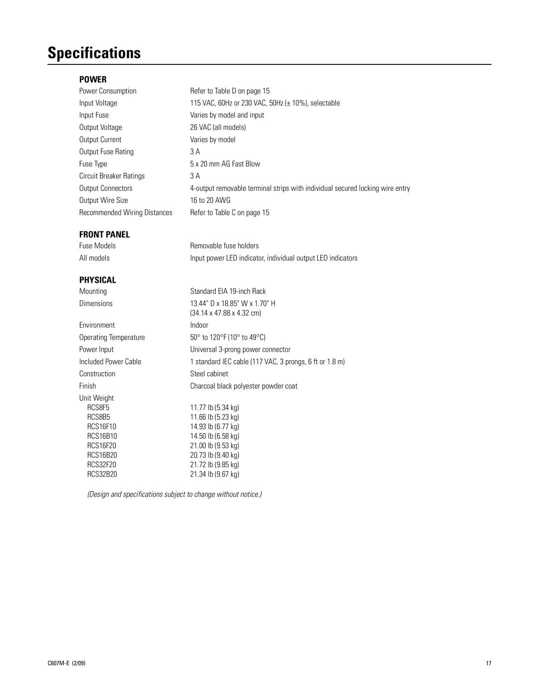 Pelco C607M-E manual Specifications, Power 