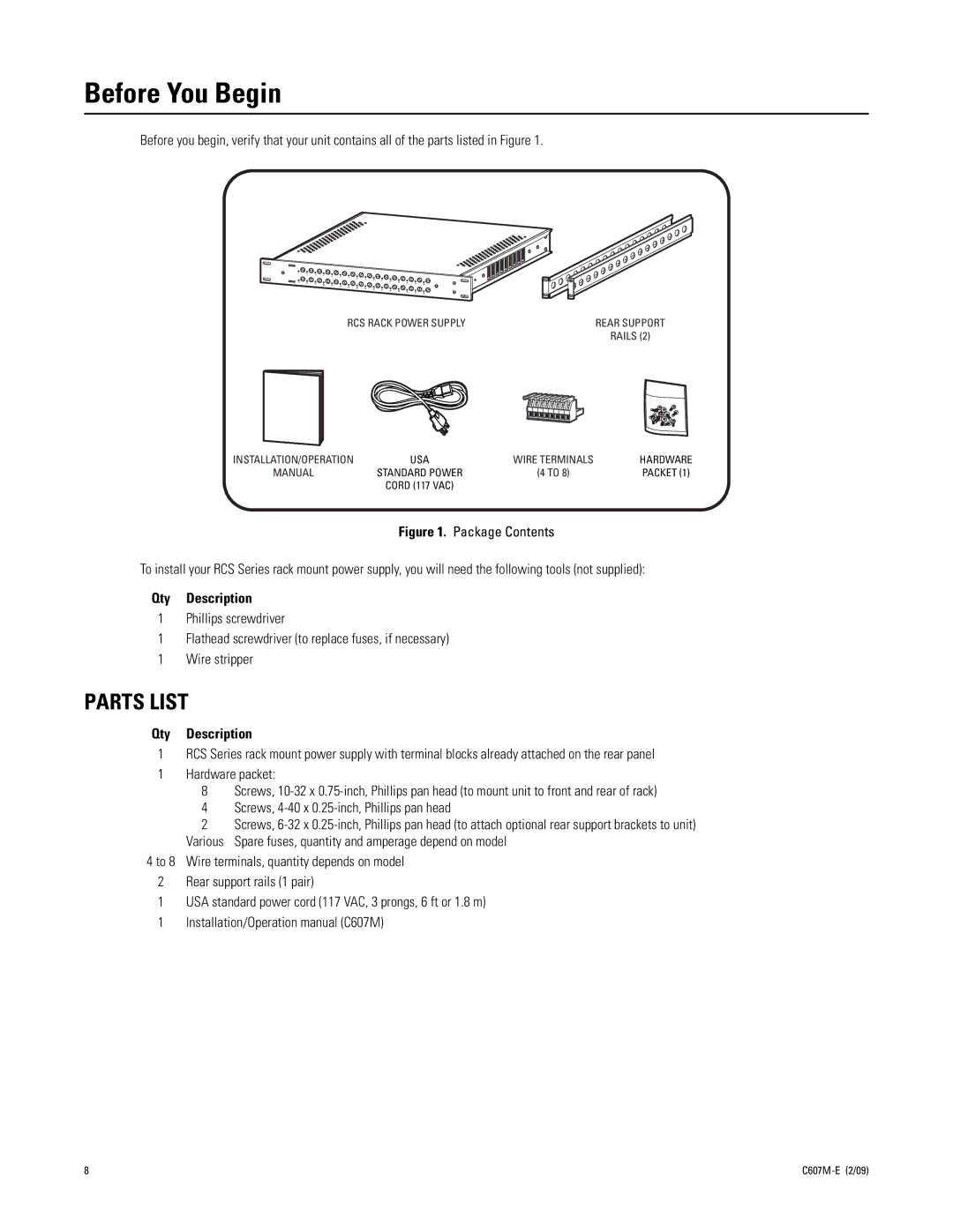 Pelco C607M-E manual Before You Begin, Parts List 