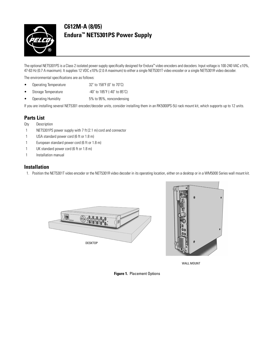 Pelco specifications Parts List, Installation, C612M-A 8/05 Endura NET5301PS Power Supply 