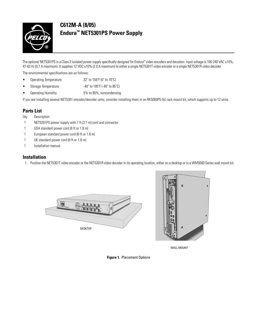 Pelco C612M-A specifications Parts List, Installation 