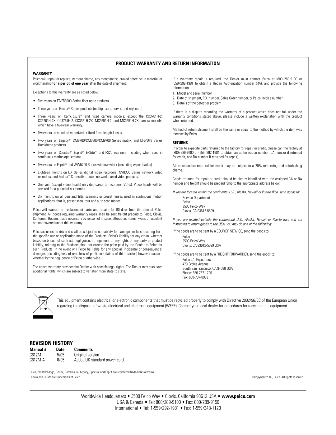 Pelco C612M-A specifications Product Warranty and Return Information 