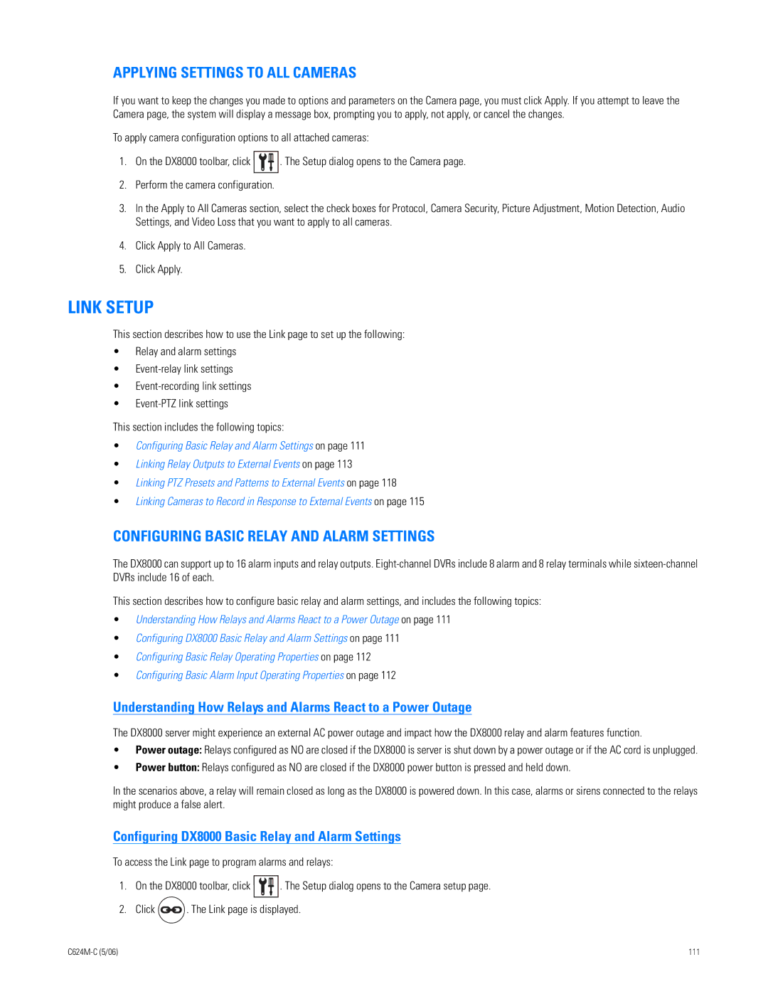 Pelco C624M-C (5/06) manual Link Setup, Applying Settings to ALL Cameras, Configuring Basic Relay and Alarm Settings 