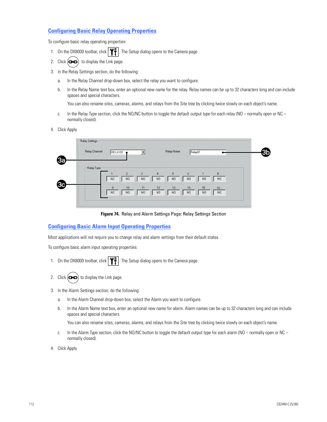 Pelco C624M-C (5/06) Configuring Basic Relay Operating Properties, Configuring Basic Alarm Input Operating Properties 