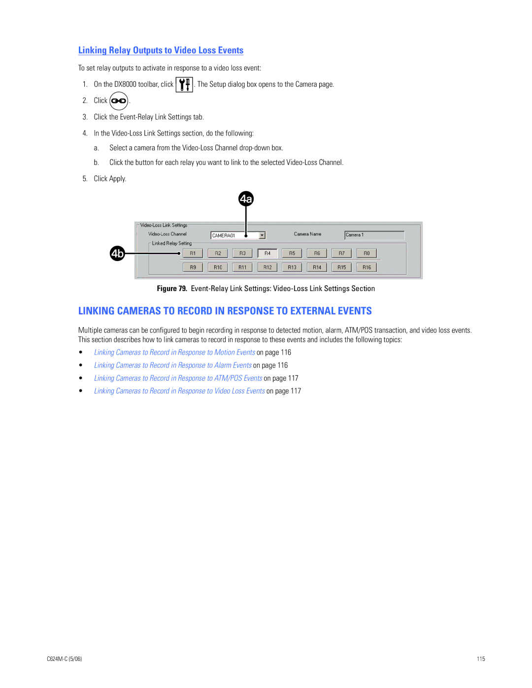 Pelco C624M-C (5/06) Linking Cameras to Record in Response to External Events, Linking Relay Outputs to Video Loss Events 