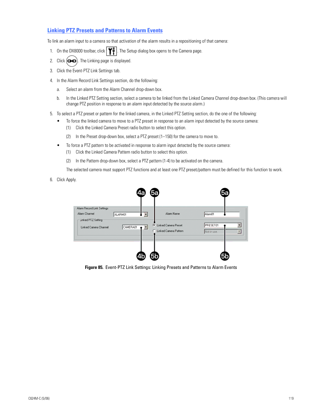 Pelco C624M-C (5/06) manual Linking PTZ Presets and Patterns to Alarm Events 