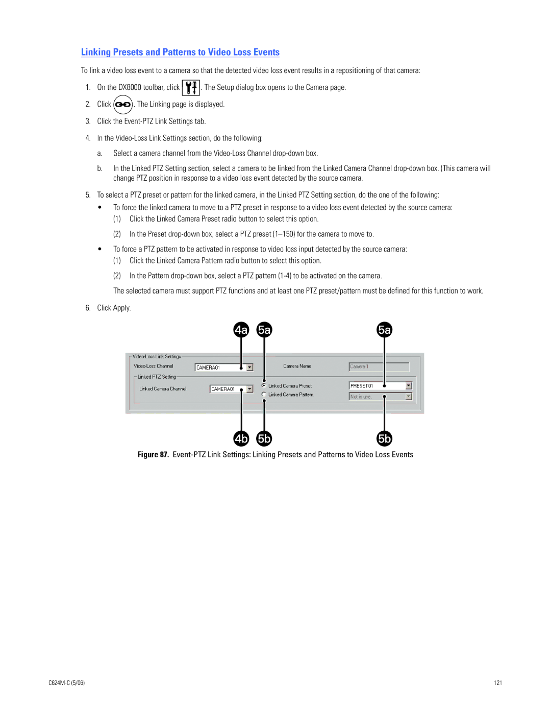 Pelco C624M-C (5/06) manual Linking Presets and Patterns to Video Loss Events 