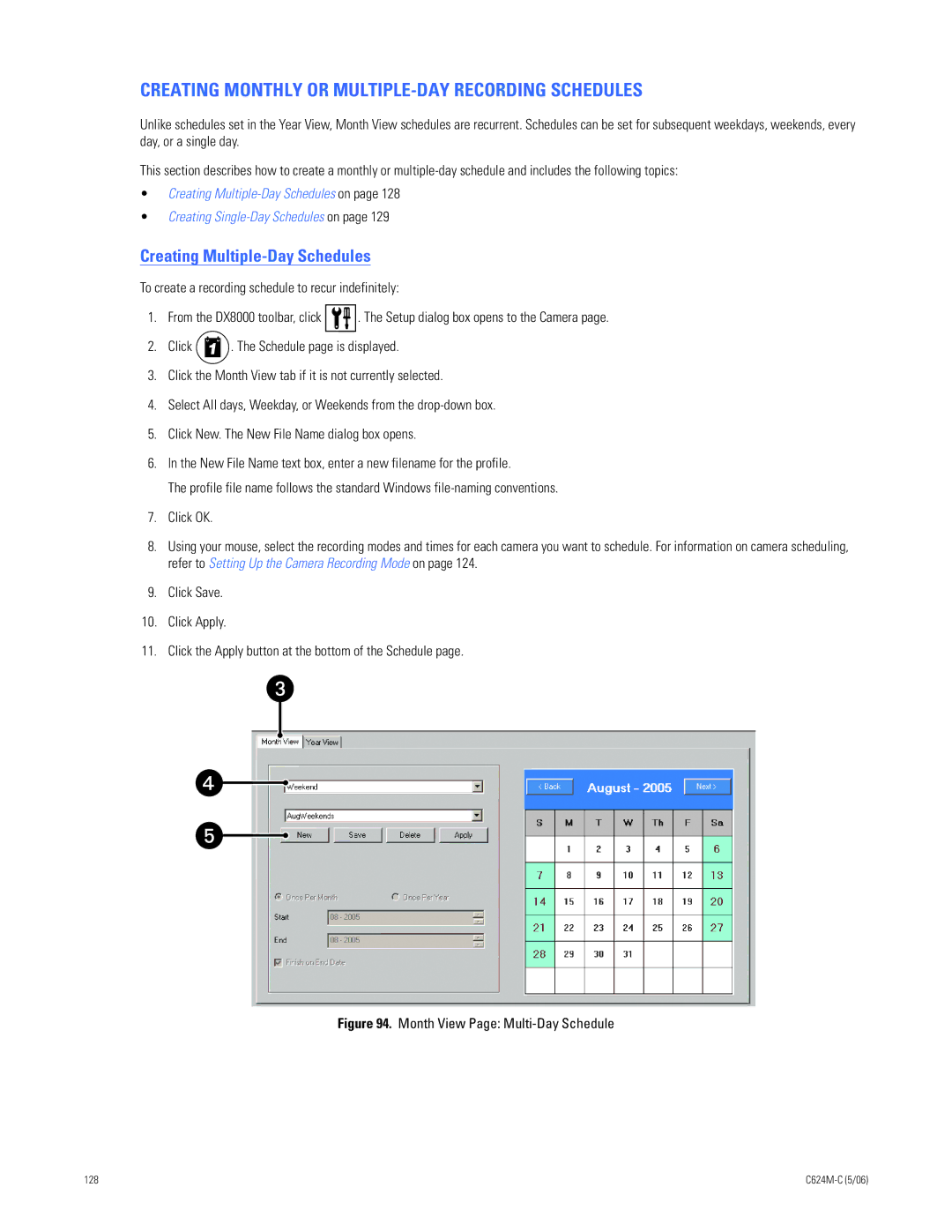Pelco C624M-C (5/06) manual Creating Monthly or MULTIPLE-DAY Recording Schedules, Creating Multiple-Day Schedules 