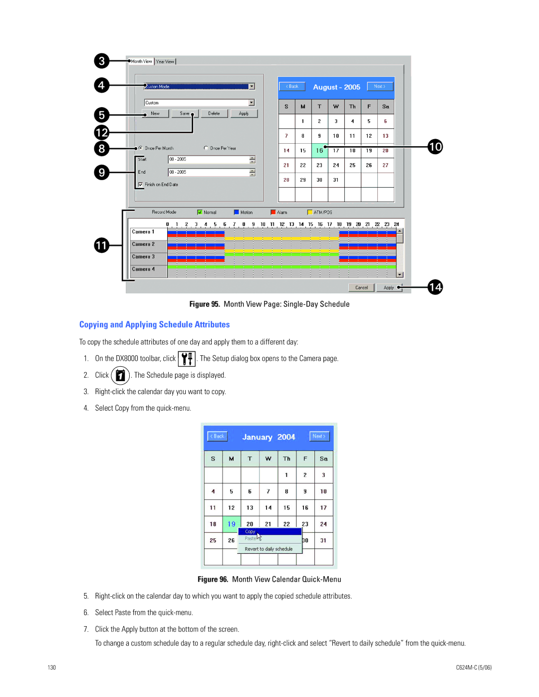 Pelco C624M-C (5/06) manual Copying and Applying Schedule Attributes, Month View Page Single-Day Schedule 