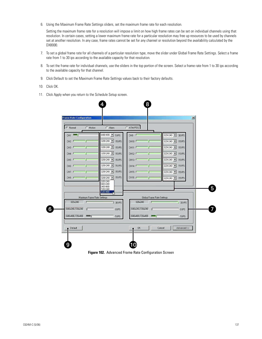 Pelco C624M-C (5/06) manual Advanced Frame Rate Configuration Screen 