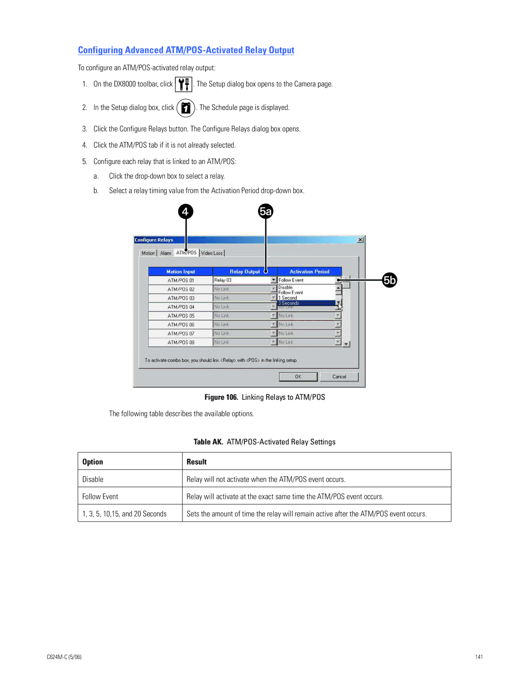 Pelco C624M-C (5/06) manual Configuring Advanced ATM/POS-Activated Relay Output, Table AK. ATM/POS-Activated Relay Settings 