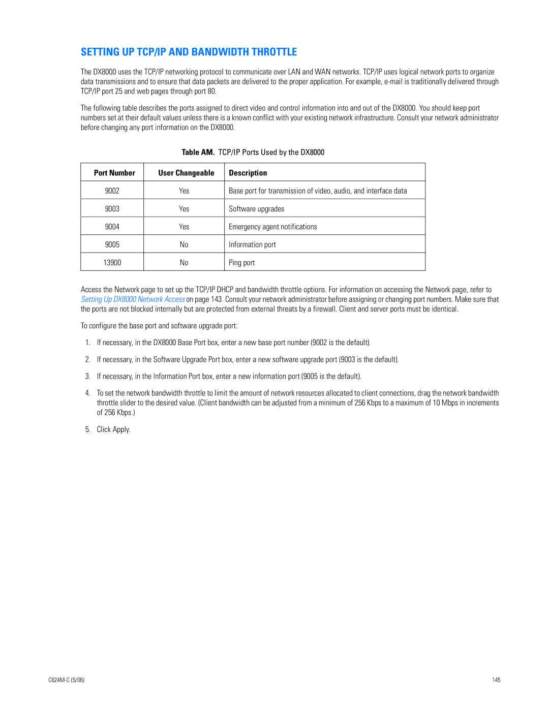 Pelco C624M-C (5/06) manual Setting UP TCP/IP and Bandwidth Throttle, Port Number User Changeable Description 