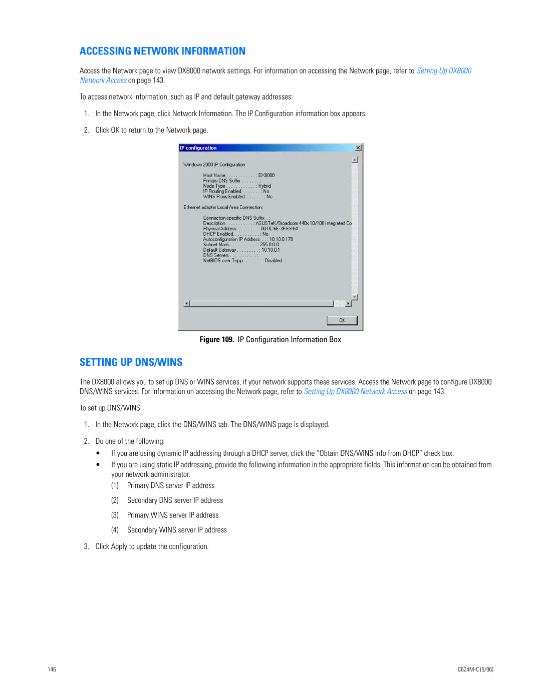 Pelco C624M-C (5/06) manual Accessing Network Information, Setting UP DNS/WINS 