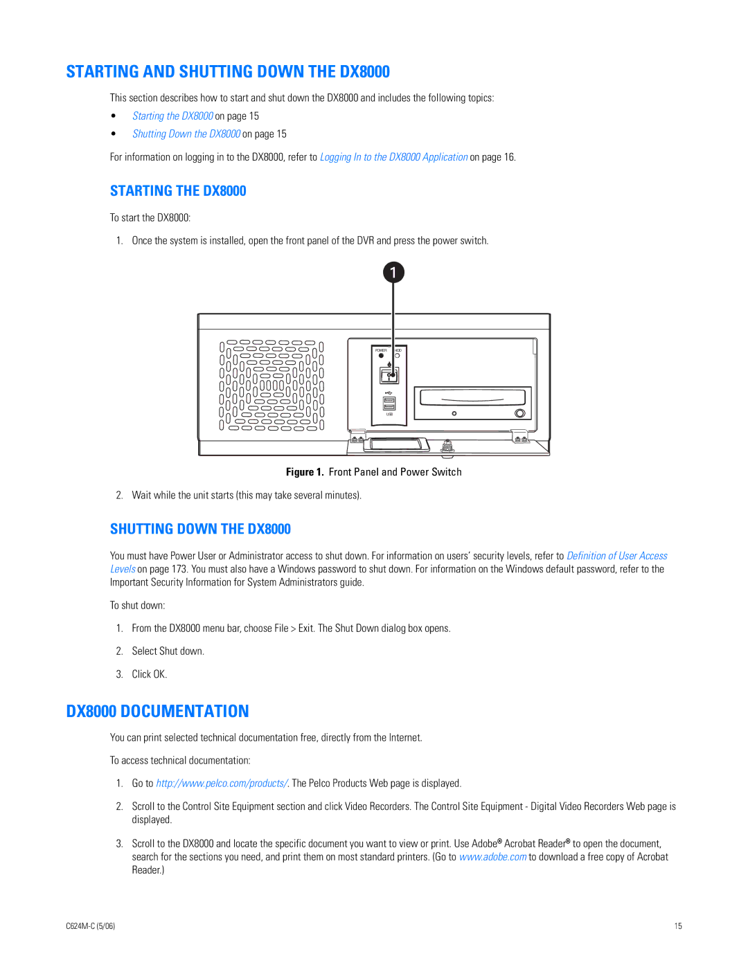 Pelco C624M-C (5/06) manual Starting and Shutting Down the DX8000, DX8000 Documentation, Starting the DX8000 