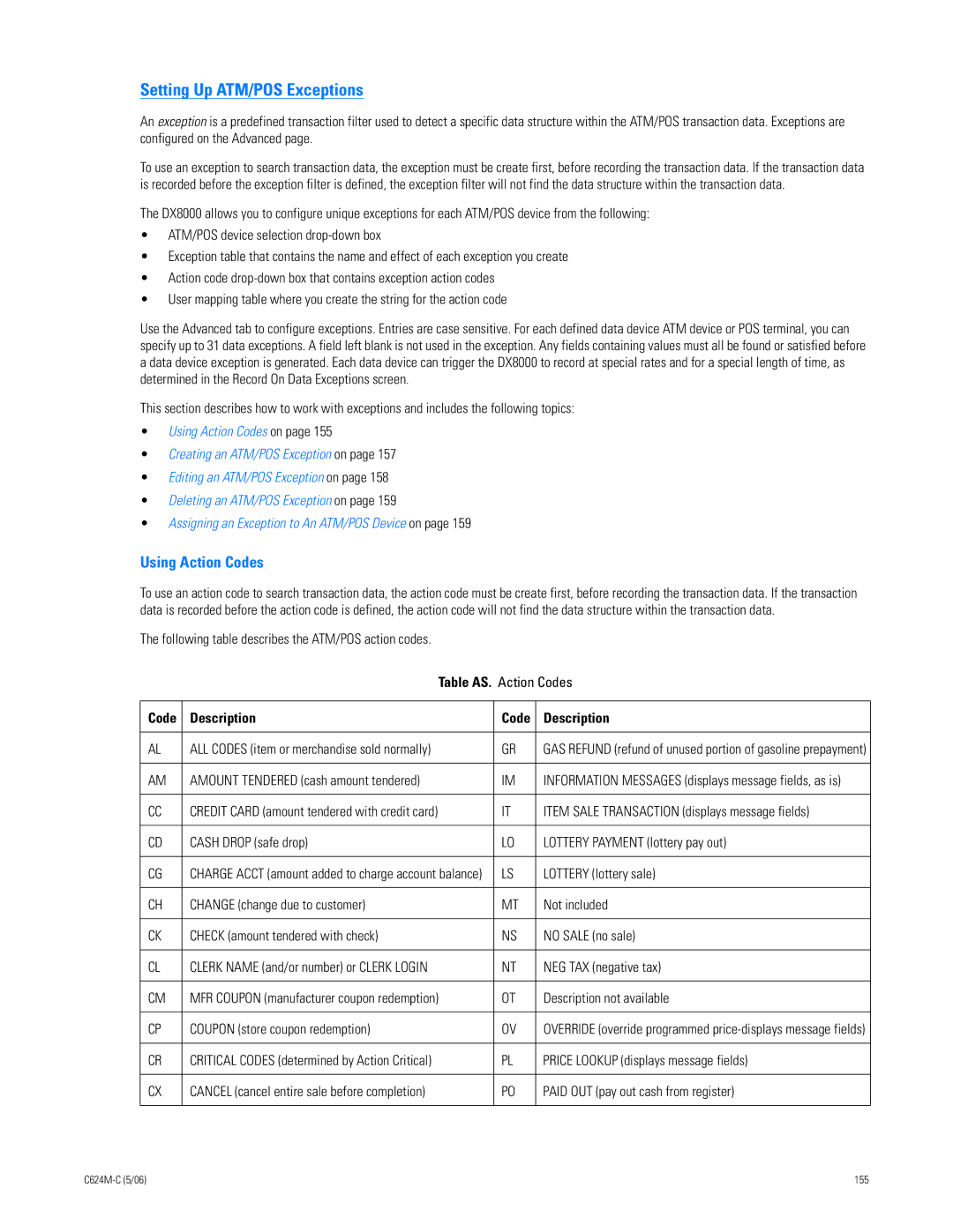 Pelco C624M-C (5/06) manual Setting Up ATM/POS Exceptions, Using Action Codes, Description Code 