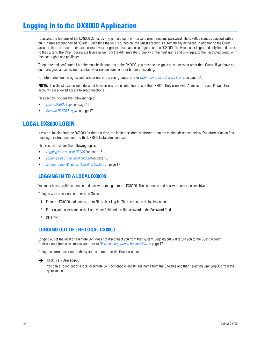 Pelco C624M-C (5/06) manual Local DX8000 Login, Logging in to a Local DX8000, Logging OUT of the Local DX8000 
