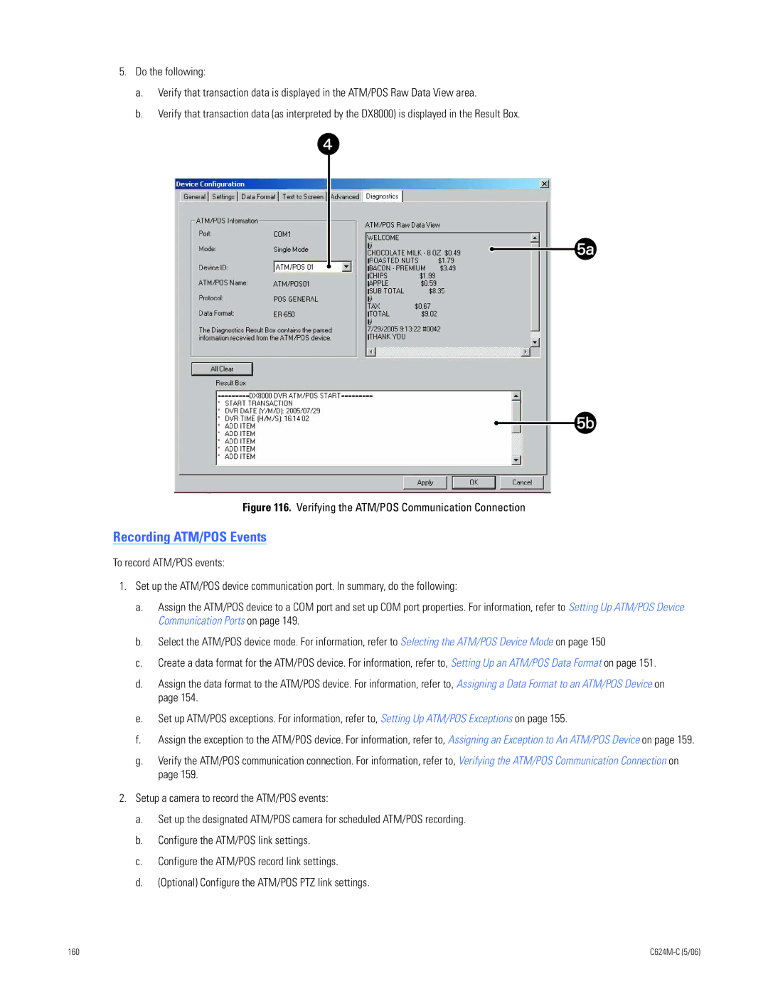 Pelco C624M-C (5/06) manual Recording ATM/POS Events, Verifying the ATM/POS Communication Connection 