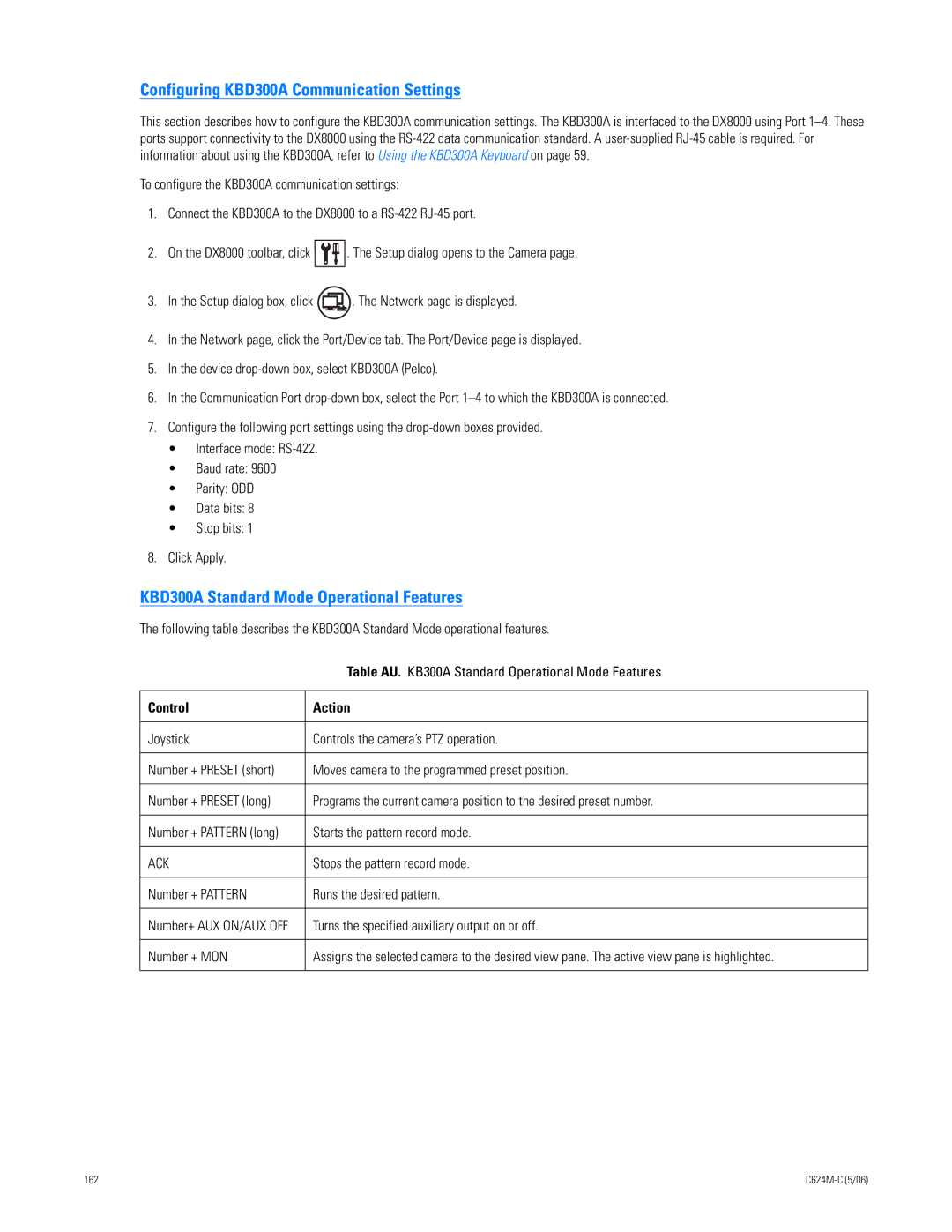Pelco C624M-C (5/06) manual Configuring KBD300A Communication Settings, KBD300A Standard Mode Operational Features 
