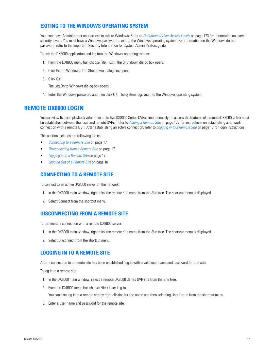 Pelco C624M-C (5/06) manual Remote DX8000 Login, Exiting to the Windows Operating System, Connecting to a Remote Site 