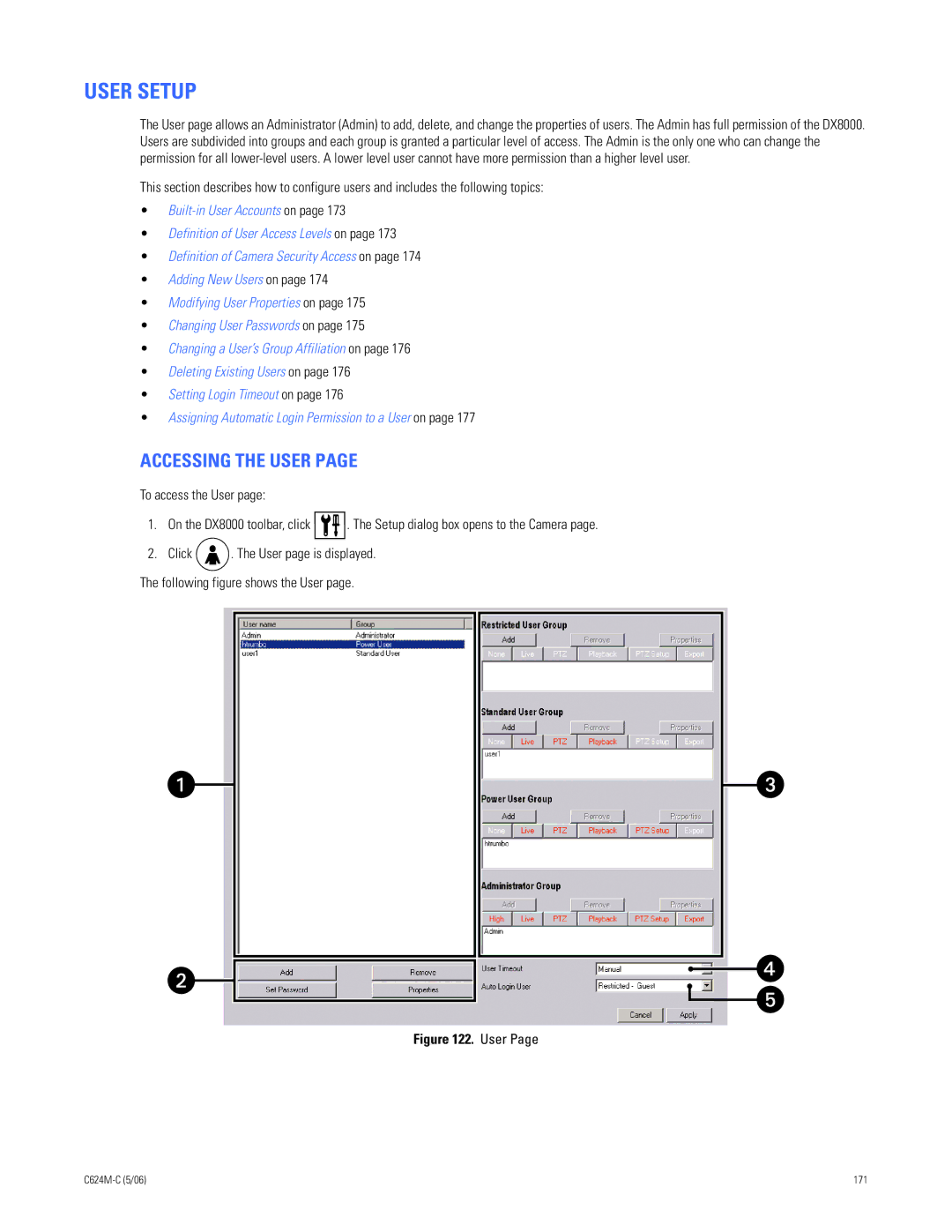 Pelco C624M-C (5/06) manual User Setup, Accessing the User, Following figure shows the User 