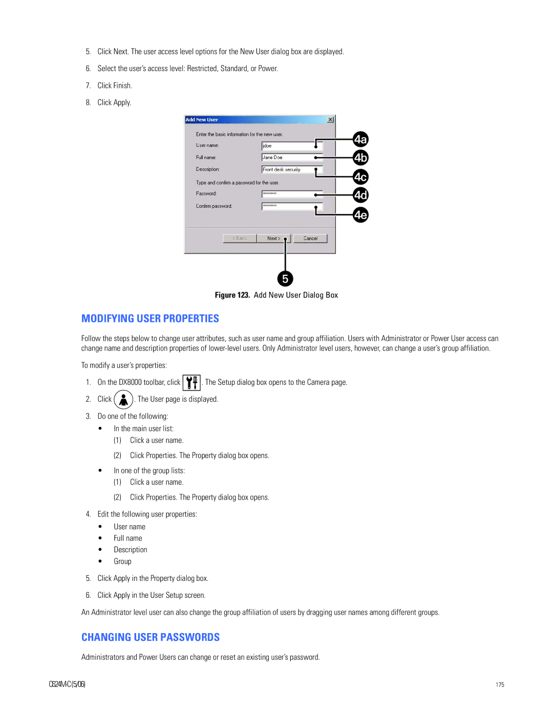 Pelco C624M-C (5/06) manual Modifying User Properties, Changing User Passwords 