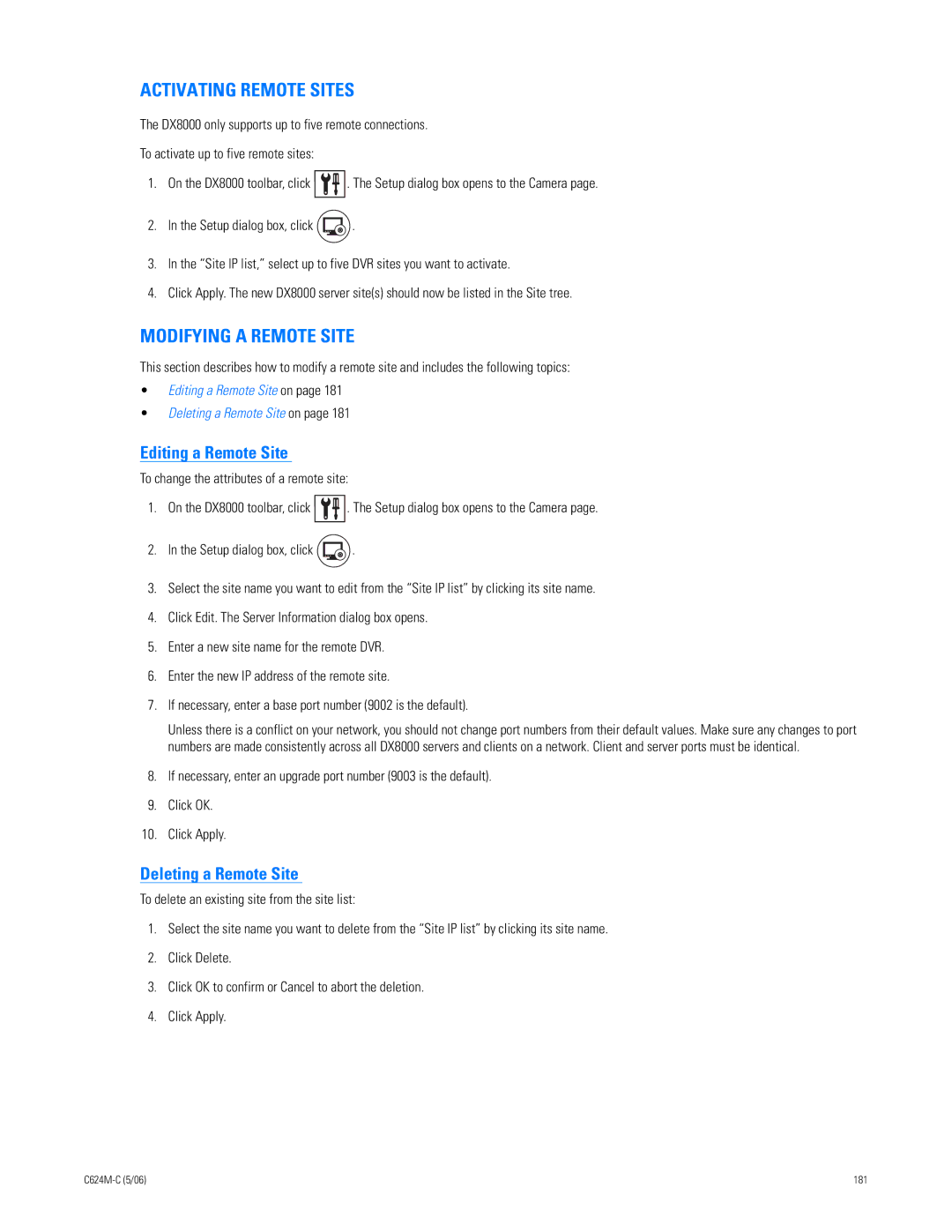Pelco C624M-C (5/06) manual Activating Remote Sites, Modifying a Remote Site, Editing a Remote Site, Deleting a Remote Site 