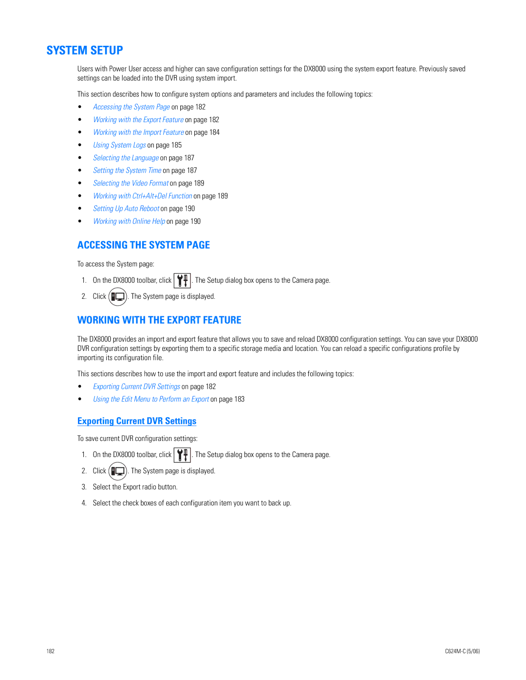 Pelco C624M-C (5/06) System Setup, Accessing the System, Working with the Export Feature, Exporting Current DVR Settings 