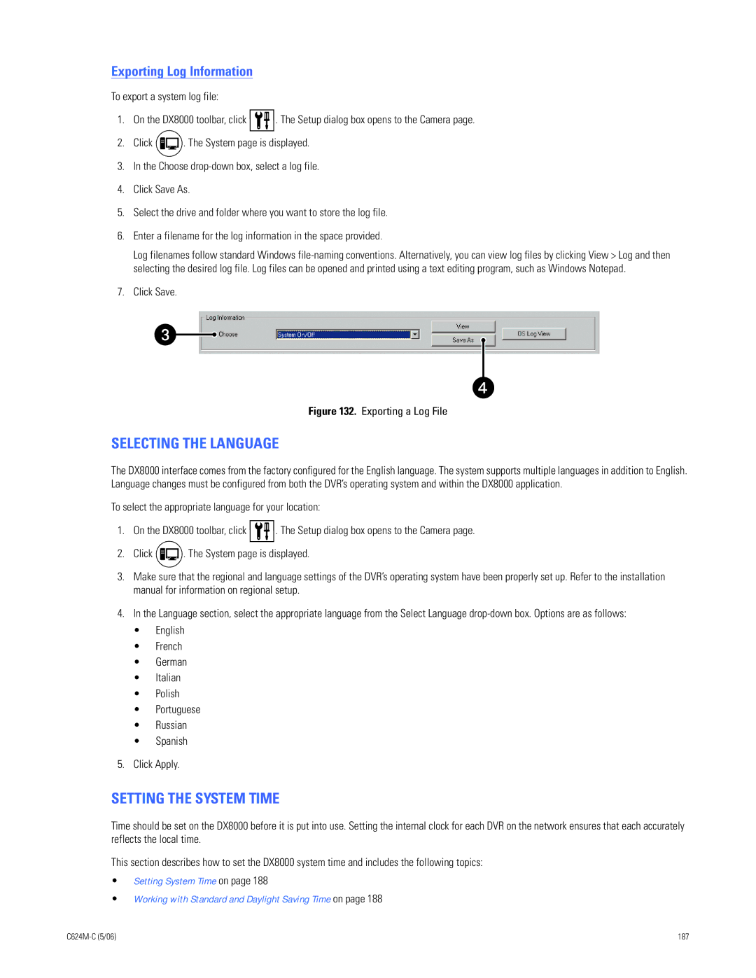 Pelco C624M-C (5/06) manual Selecting the Language, Setting the System Time, Exporting Log Information 