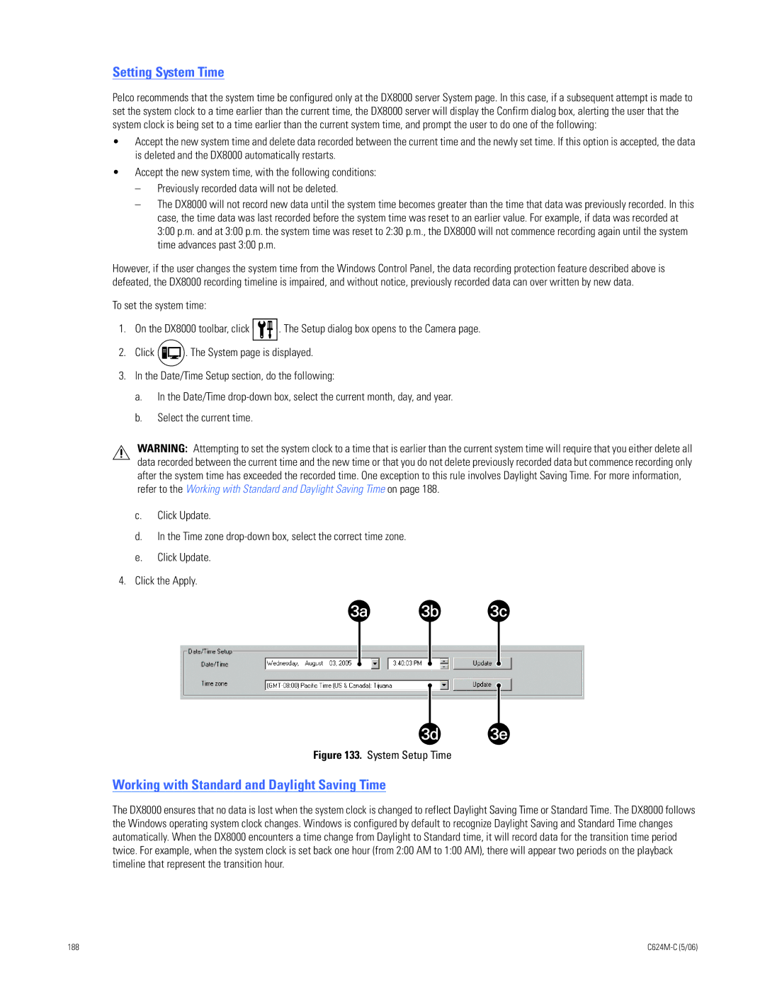 Pelco C624M-C (5/06) manual Setting System Time, Working with Standard and Daylight Saving Time 