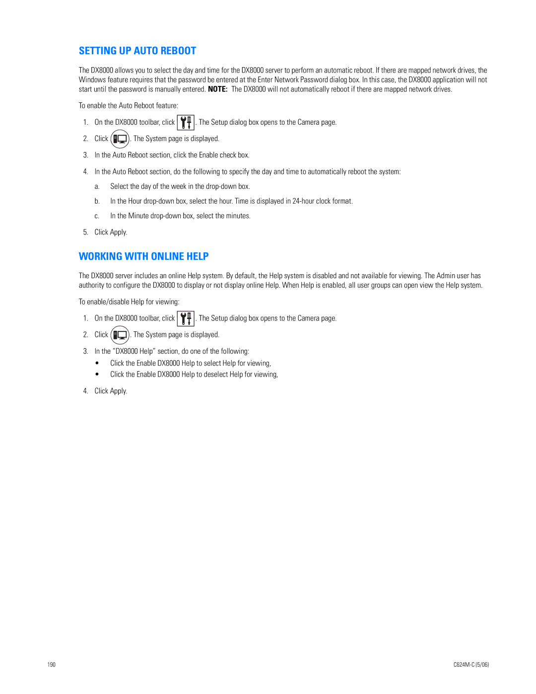 Pelco C624M-C (5/06) manual Setting UP Auto Reboot, Working with Online Help 