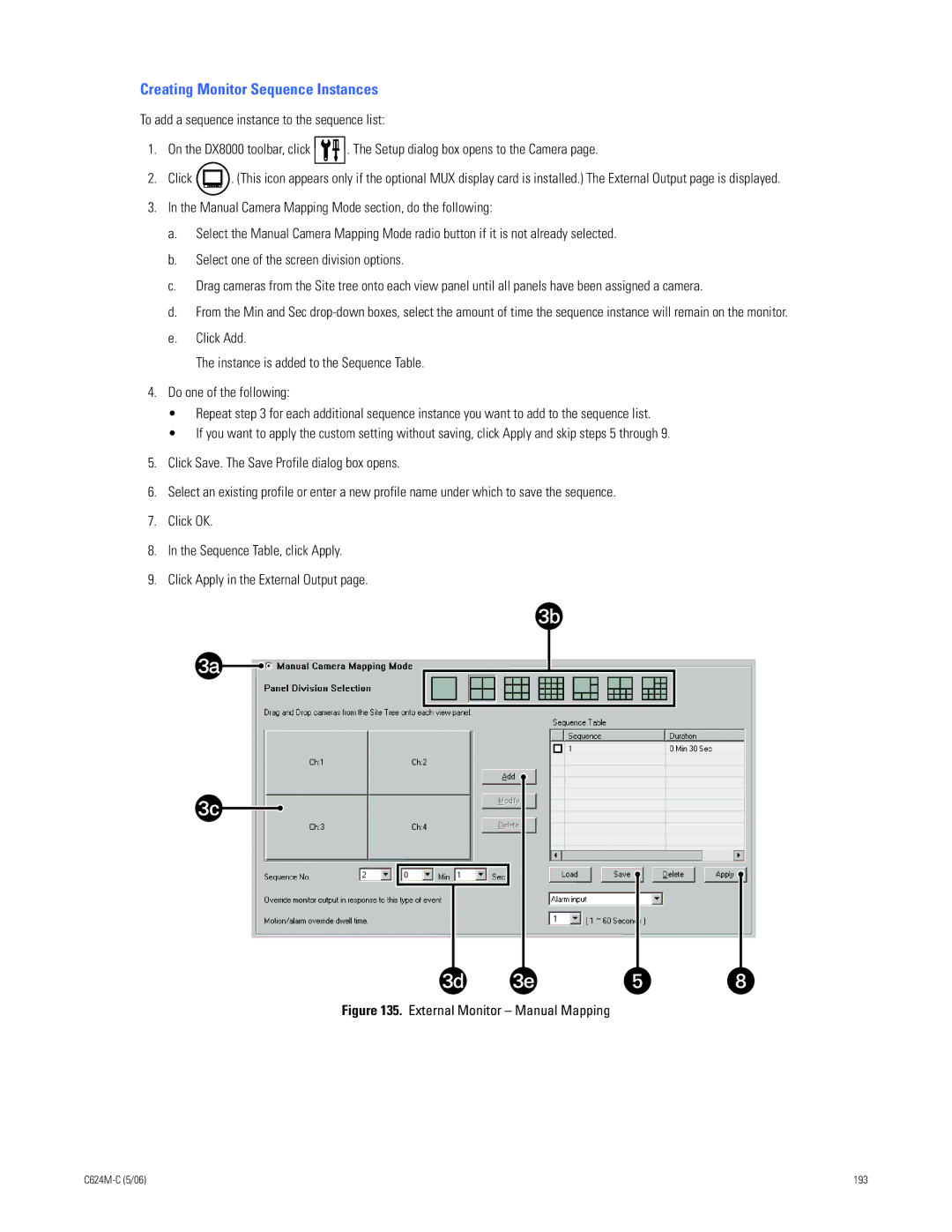 Pelco C624M-C (5/06) manual Creating Monitor Sequence Instances, External Monitor Manual Mapping 