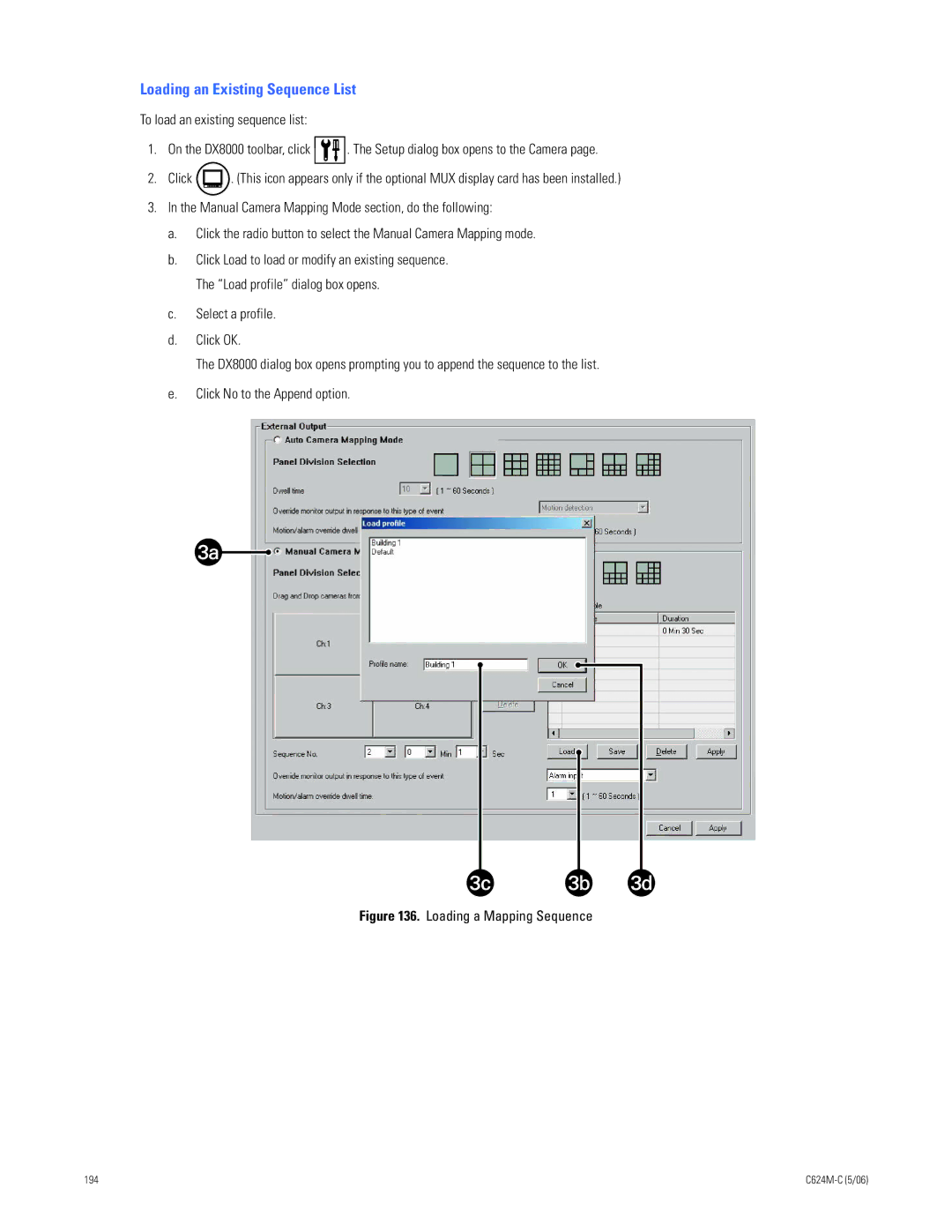 Pelco C624M-C (5/06) manual Loading an Existing Sequence List, Loading a Mapping Sequence 