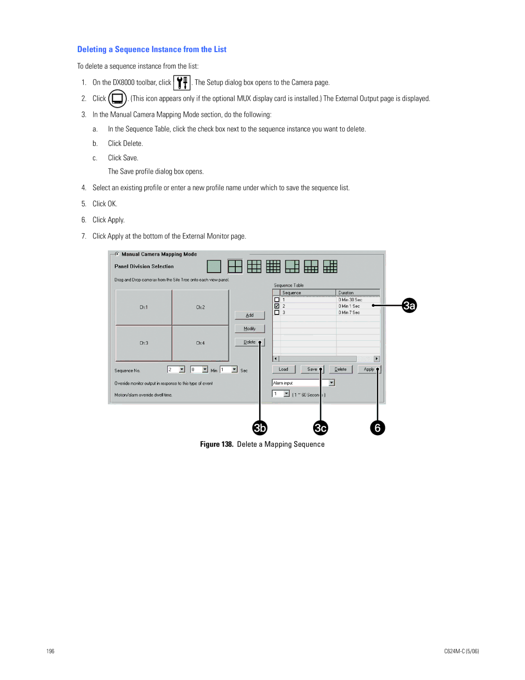 Pelco C624M-C (5/06) manual Deleting a Sequence Instance from the List, Delete a Mapping Sequence 