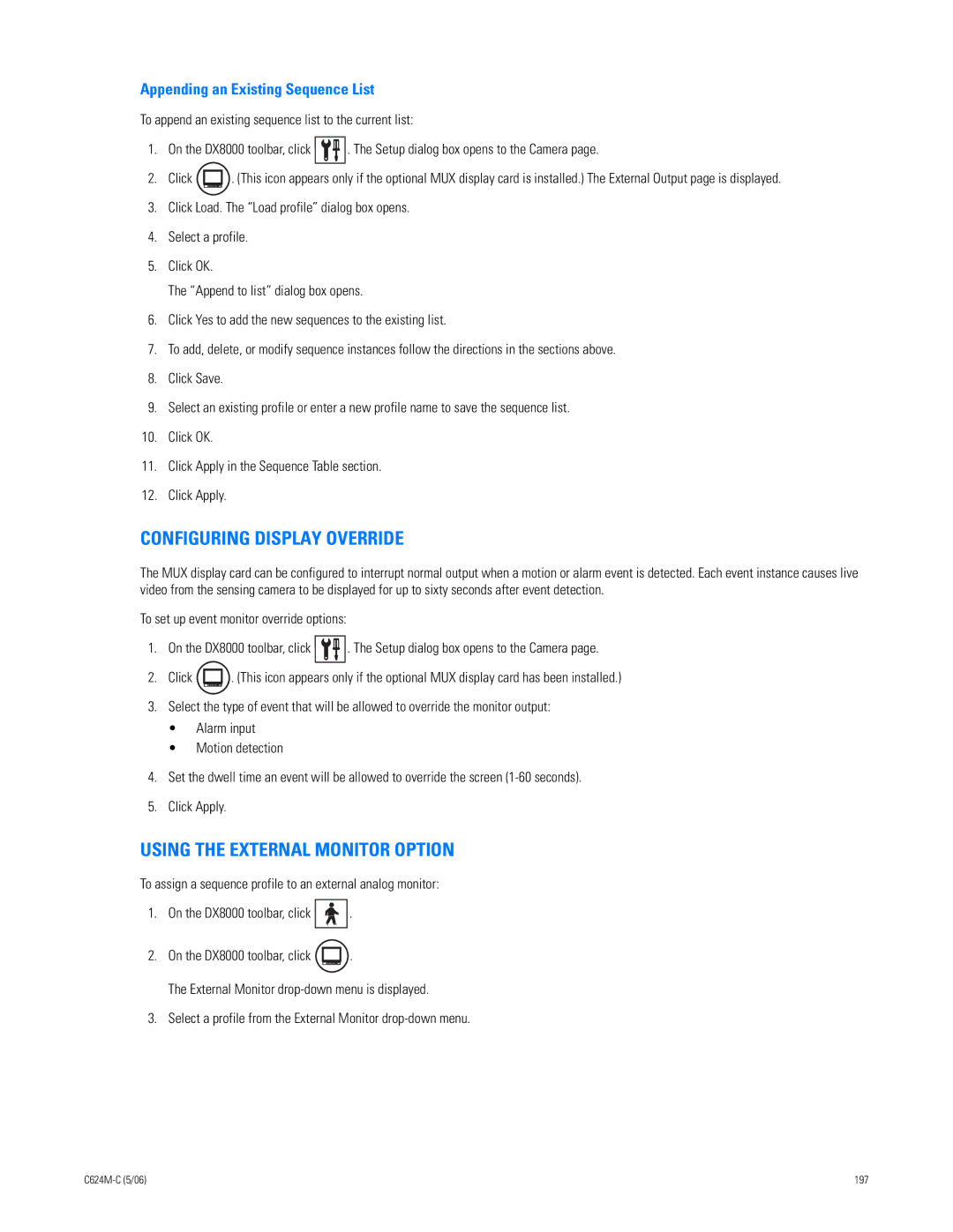 Pelco C624M-C (5/06) Configuring Display Override, Using the External Monitor Option, Appending an Existing Sequence List 