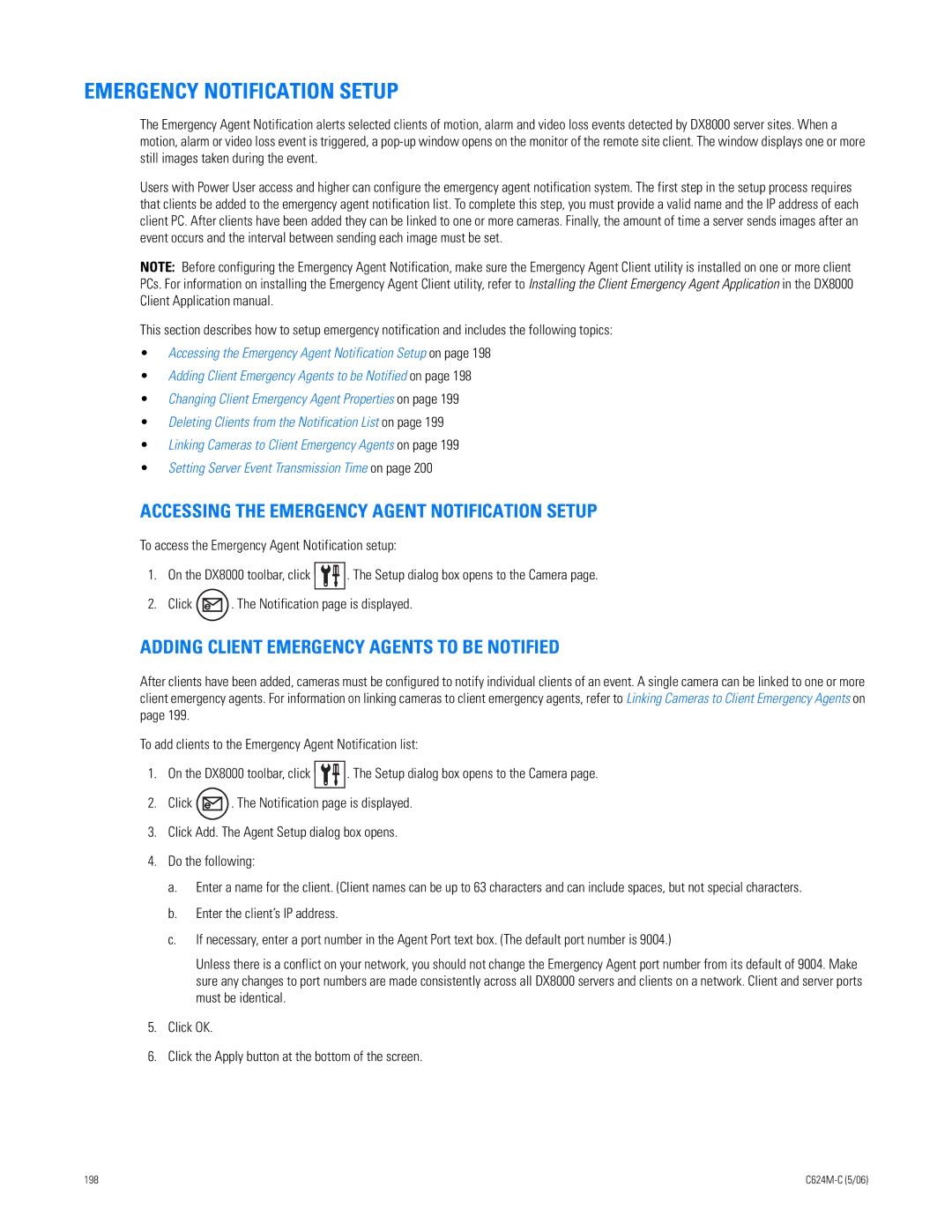 Pelco C624M-C (5/06) manual Emergency Notification Setup, Accessing the Emergency Agent Notification Setup 