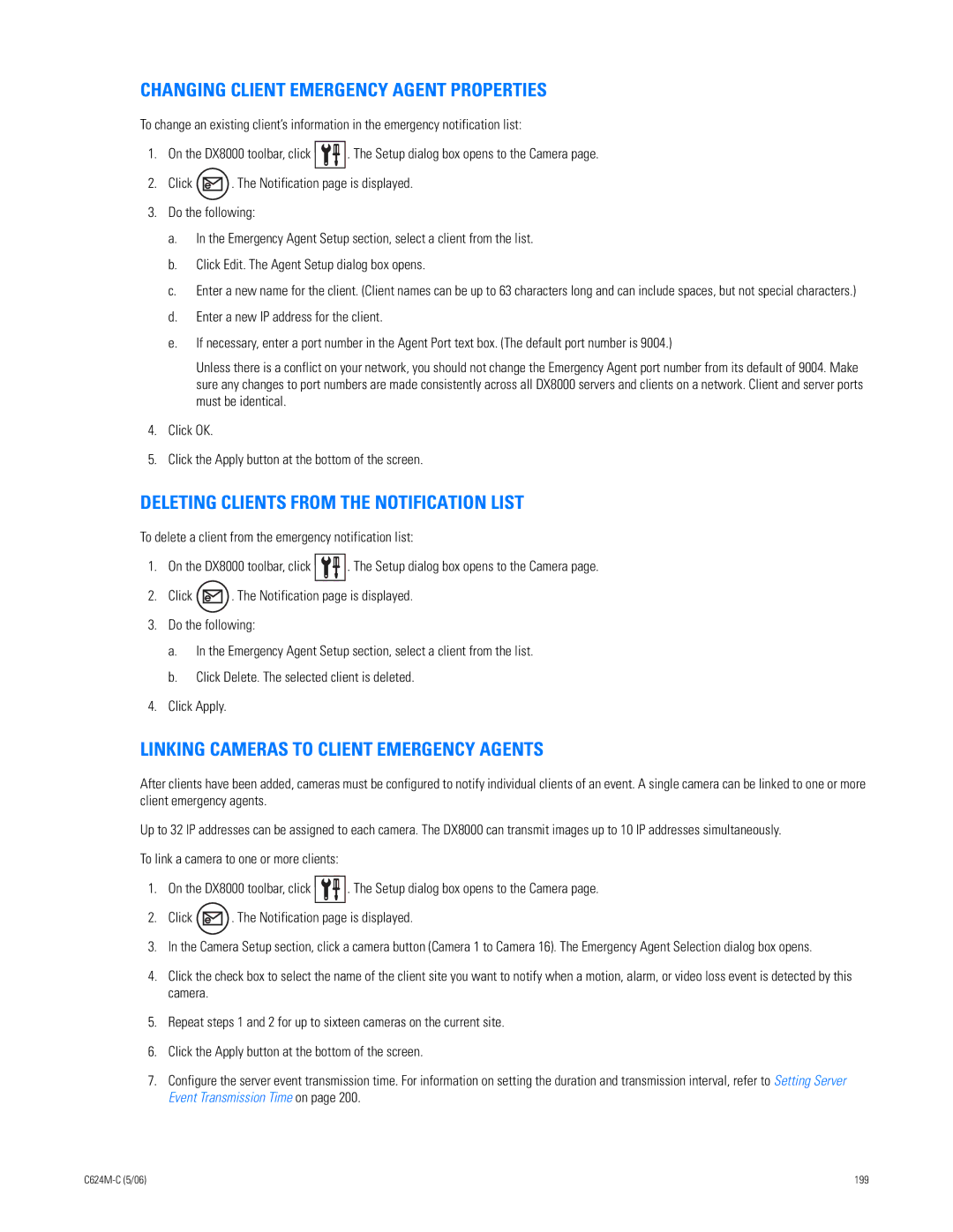 Pelco C624M-C (5/06) manual Changing Client Emergency Agent Properties, Deleting Clients from the Notification List 