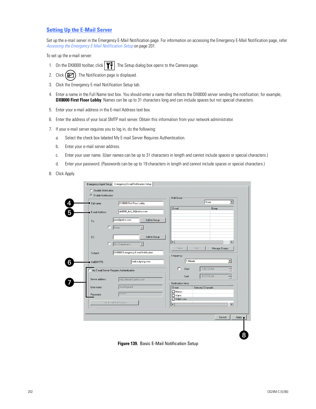 Pelco C624M-C (5/06) manual Setting Up the E-Mail Server, Basic E-Mail Notification Setup 