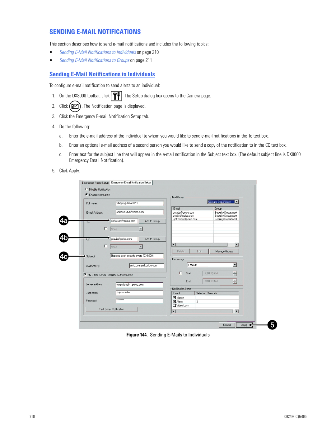 Pelco C624M-C (5/06) manual Sending E-MAIL Notifications, Sending E-Mail Notifications to Individuals 