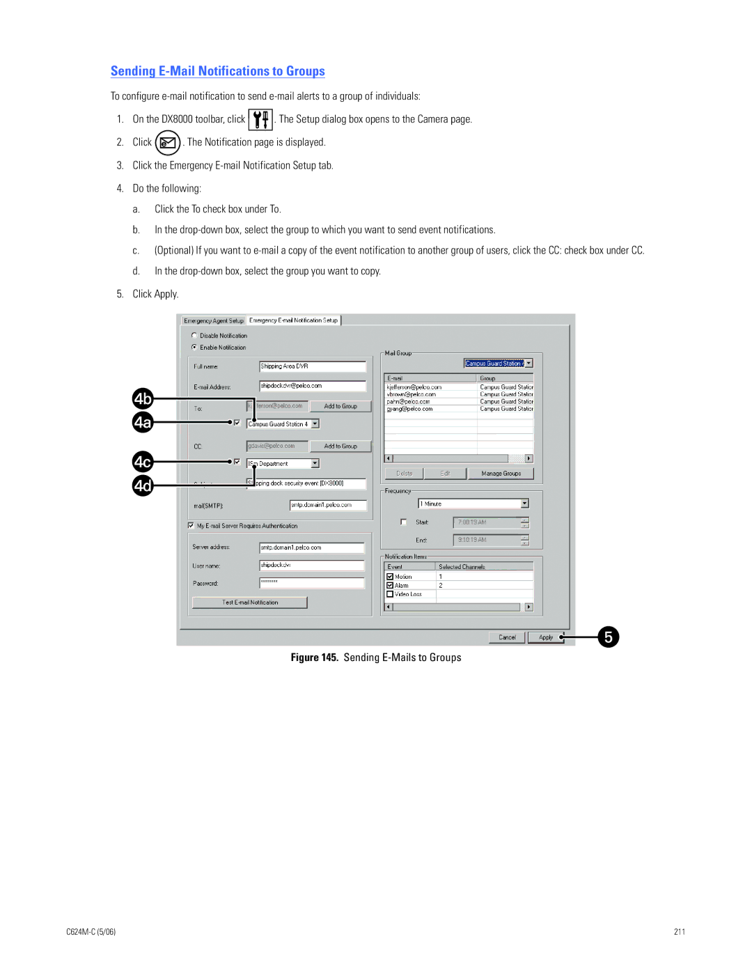 Pelco C624M-C (5/06) manual Sending E-Mail Notifications to Groups, Sending E-Mails to Groups 