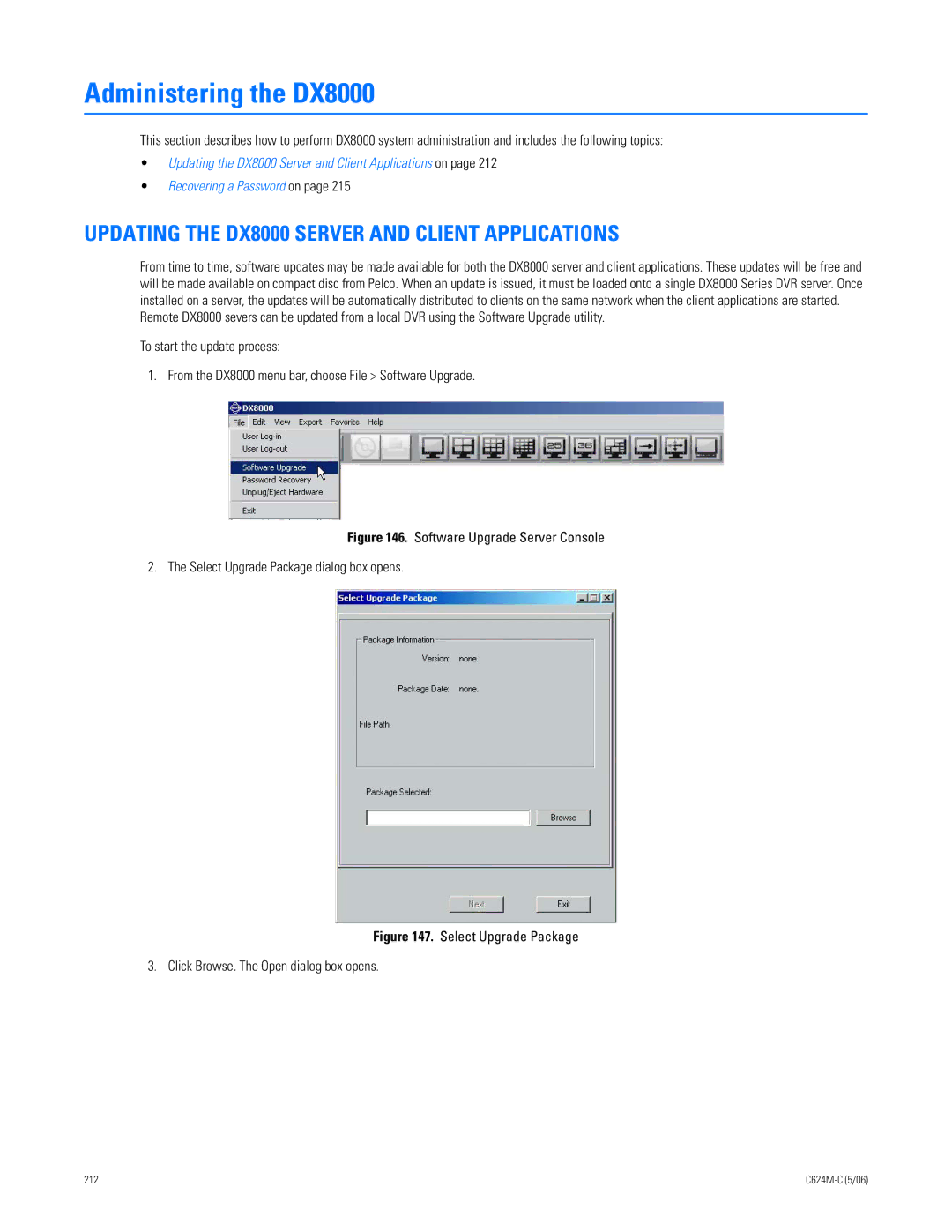 Pelco C624M-C (5/06) manual Administering the DX8000, Updating the DX8000 Server and Client Applications 