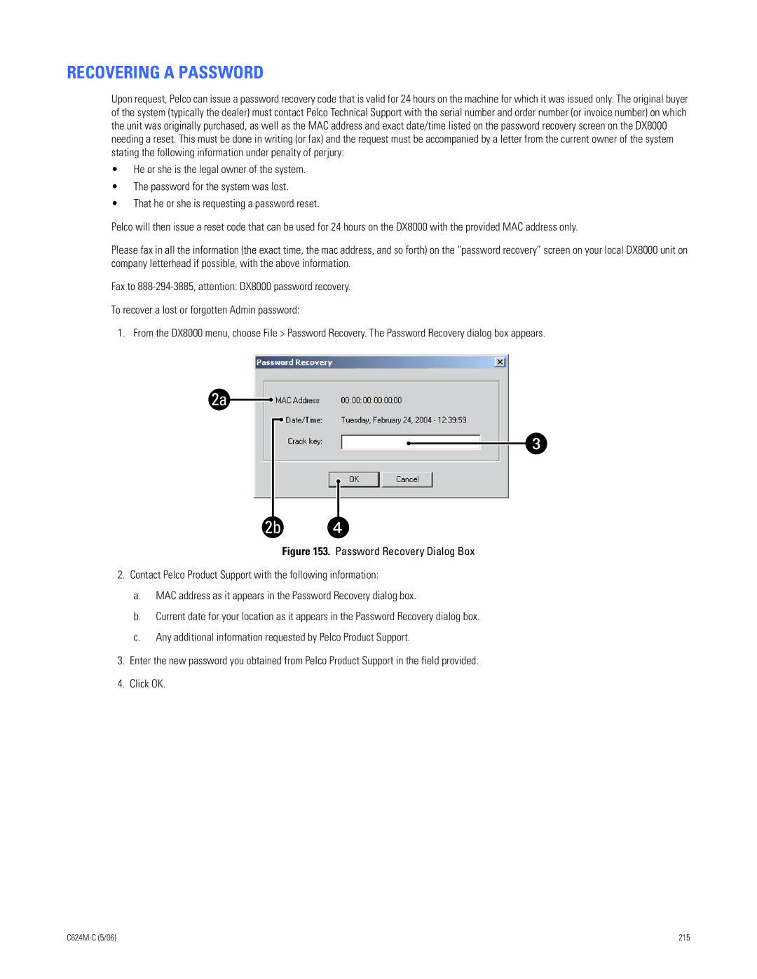 Pelco C624M-C (5/06) manual Recovering a Password 